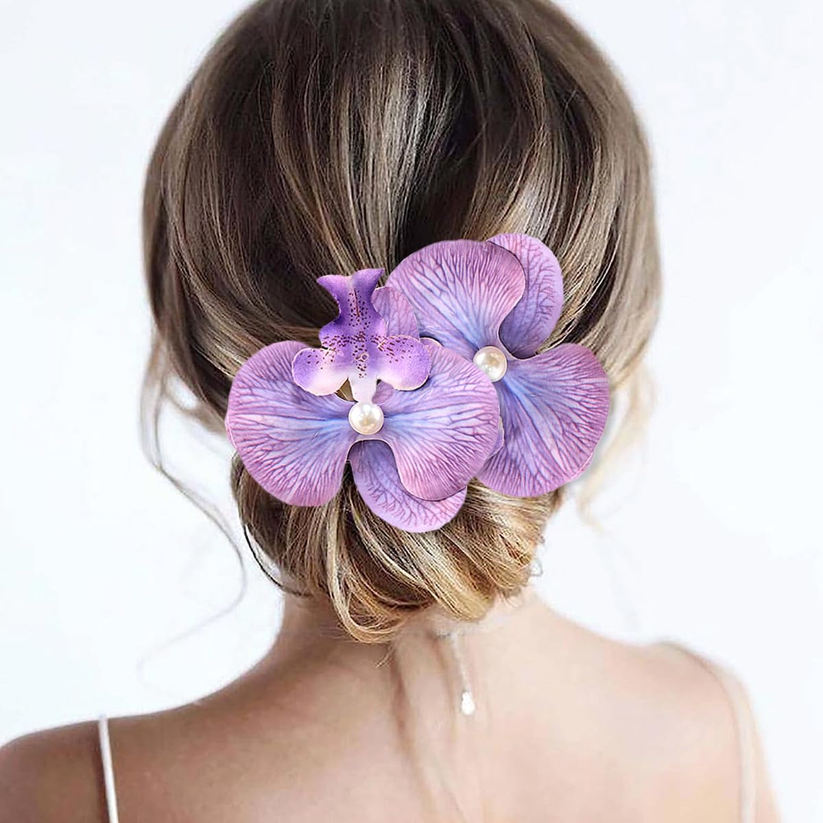 Boho Orchid Hair Clips - 2pcs Artificial Phalaenopsis Barrettes | Bridal Beach Party Accessories (Blue)