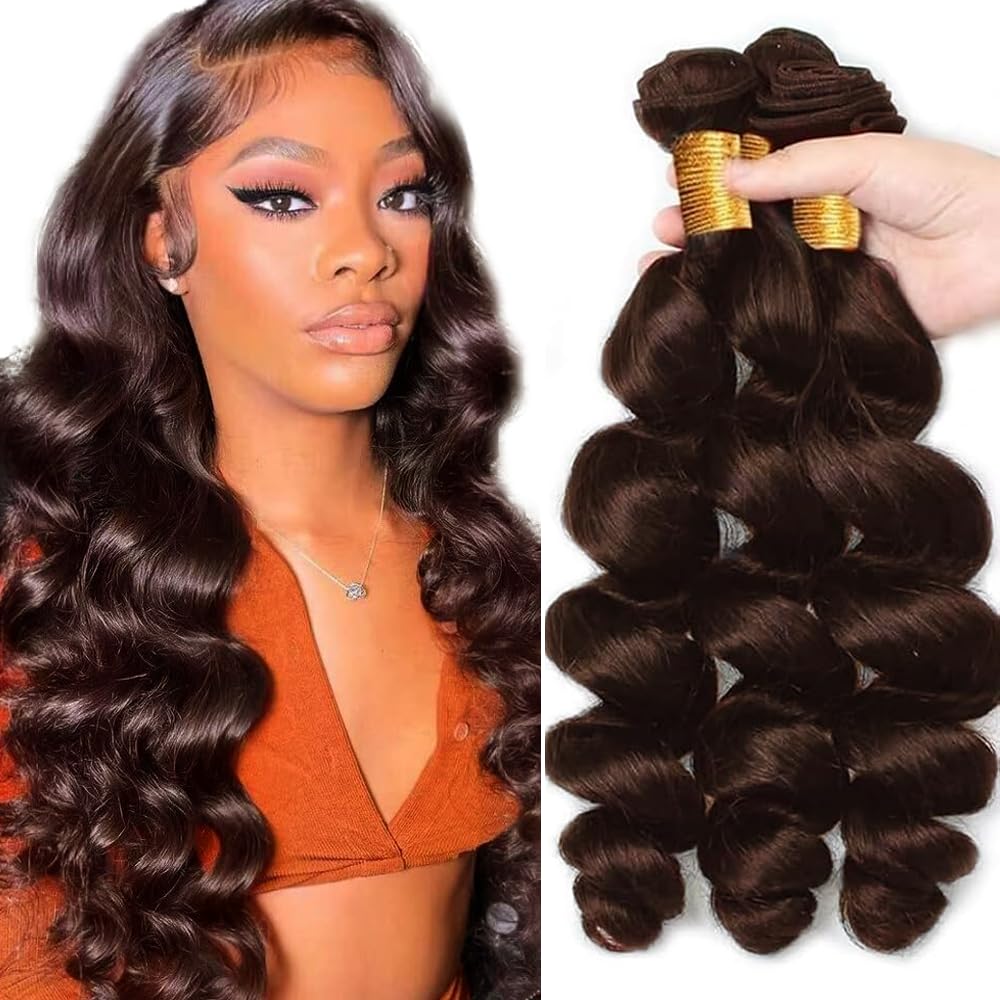 Color 4 Human Hair Bundles Dark Brown Loose Wave Bundles 30 32 34 inch Brown Bundle Human Hair #4 Loose Body Wave Bundle