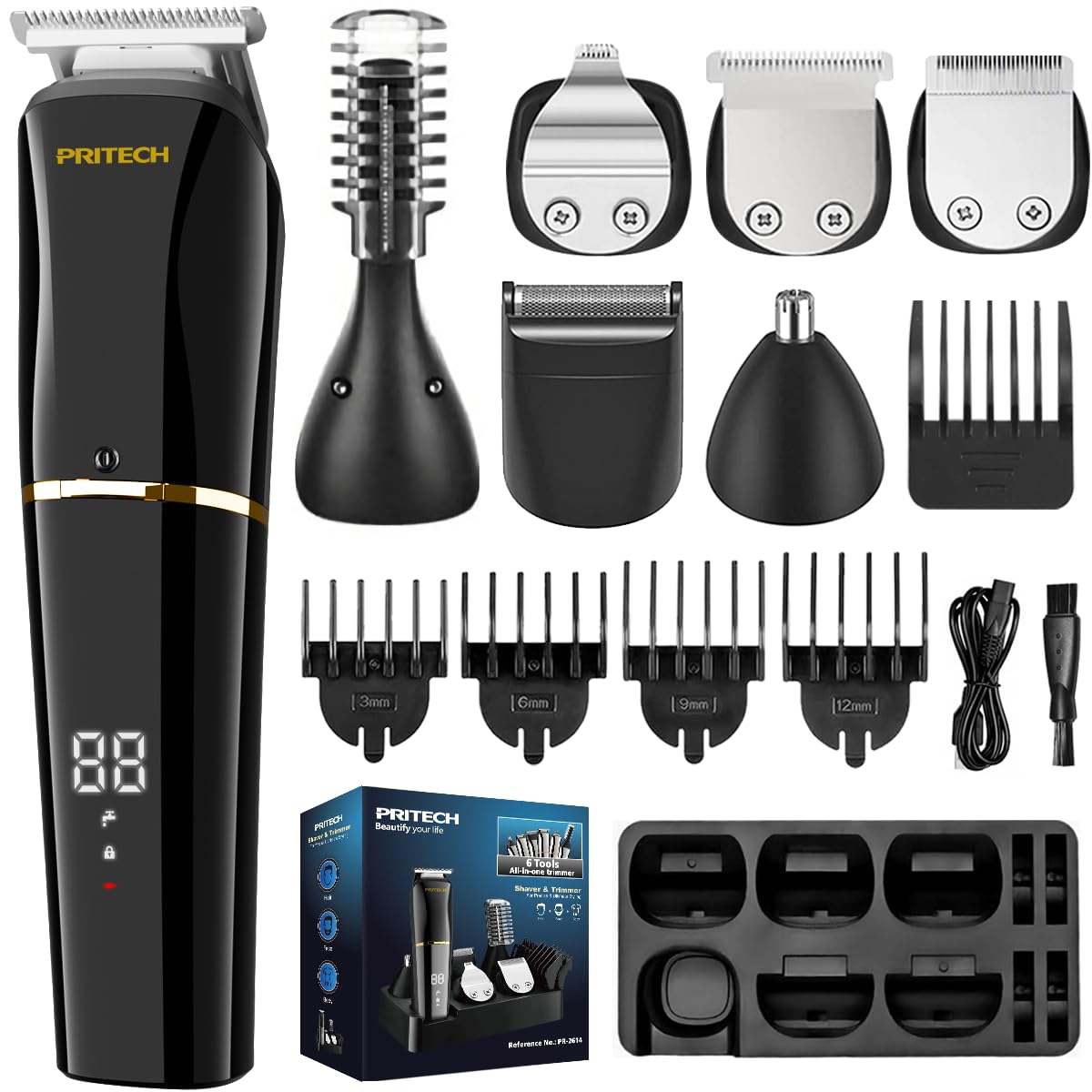 PRITECH Beard Trimmer for Men, 6 in 1 Hair Trimmer Kit, Electric Beard Trimmer with Hair, Precision, Body, Nose, Foil Razor, Grooming Kit Waterproof IPX6 (White)
