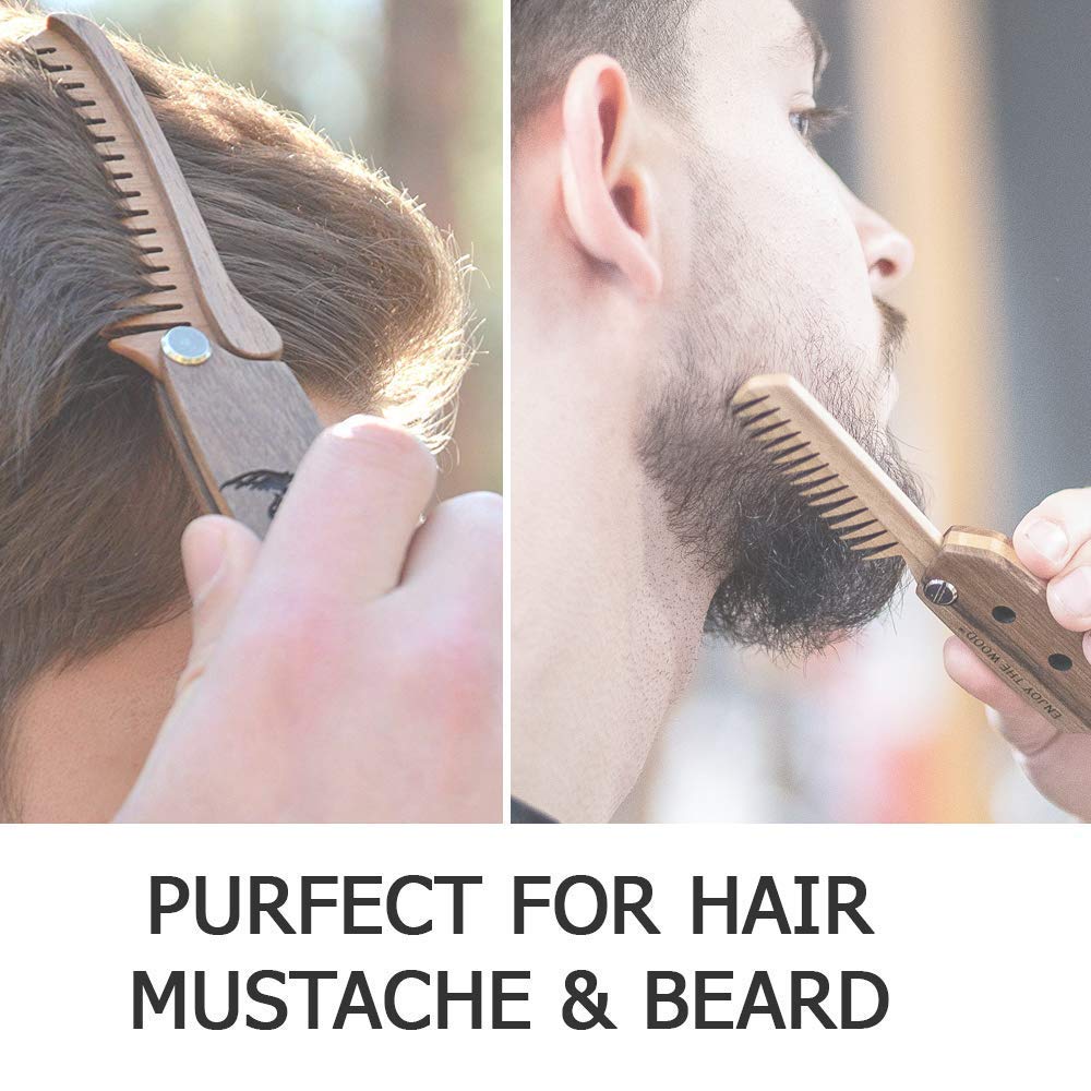 Wooden Beard Comb for Men - Personalized Folding Pocket Comb for Moustache Beard & Hair Walnut Combs Engraved (Bearded Man)