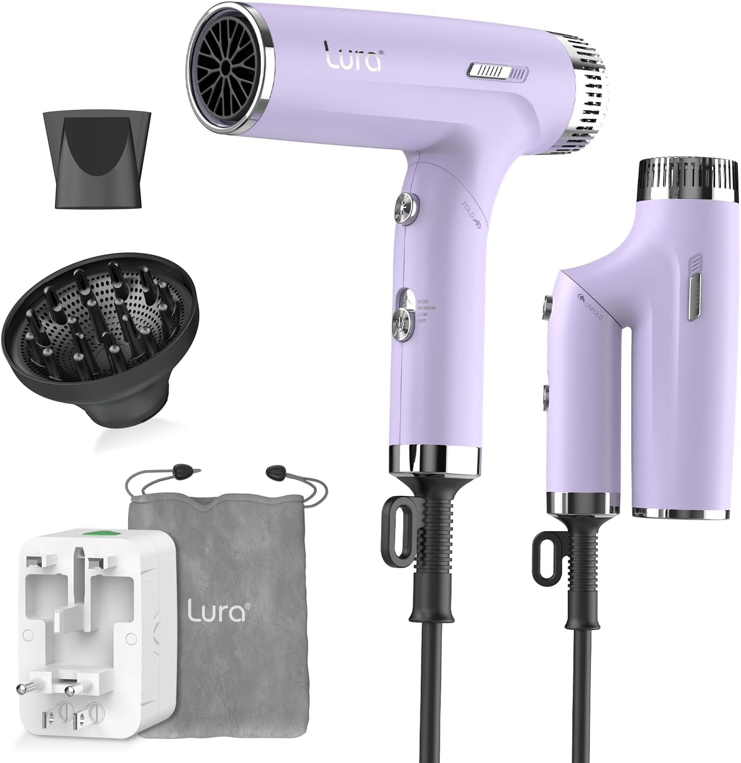Dual Voltage Travel Hair Dryer - Compact & Lightweight Blow Dryer with Diffuser | Portable Mini Design for Women & Kids (Black)