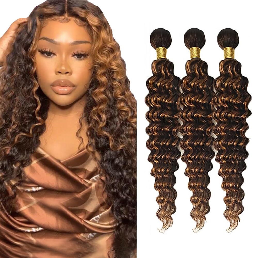 Color 30 Human Hair Bundles 4/30 Deep Wave Bundle 28 30 32 Inch Brazilian Virgin Hair 3 Bundles Highlight Bundle Human Hair Extensions