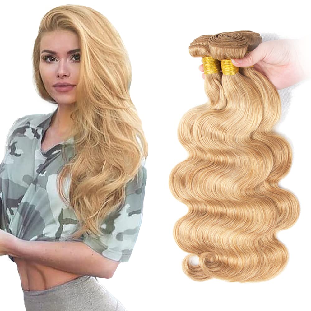 P27/613 Honey Blonde Bundles Human Hair Body Wave Bundles 24 26 28 Inch Highlight Blonde Unprocessed Brazilian Virgin Hair 3 Bundle Deals Quick Weave Hair Extensions 50 Gram Per Bundle