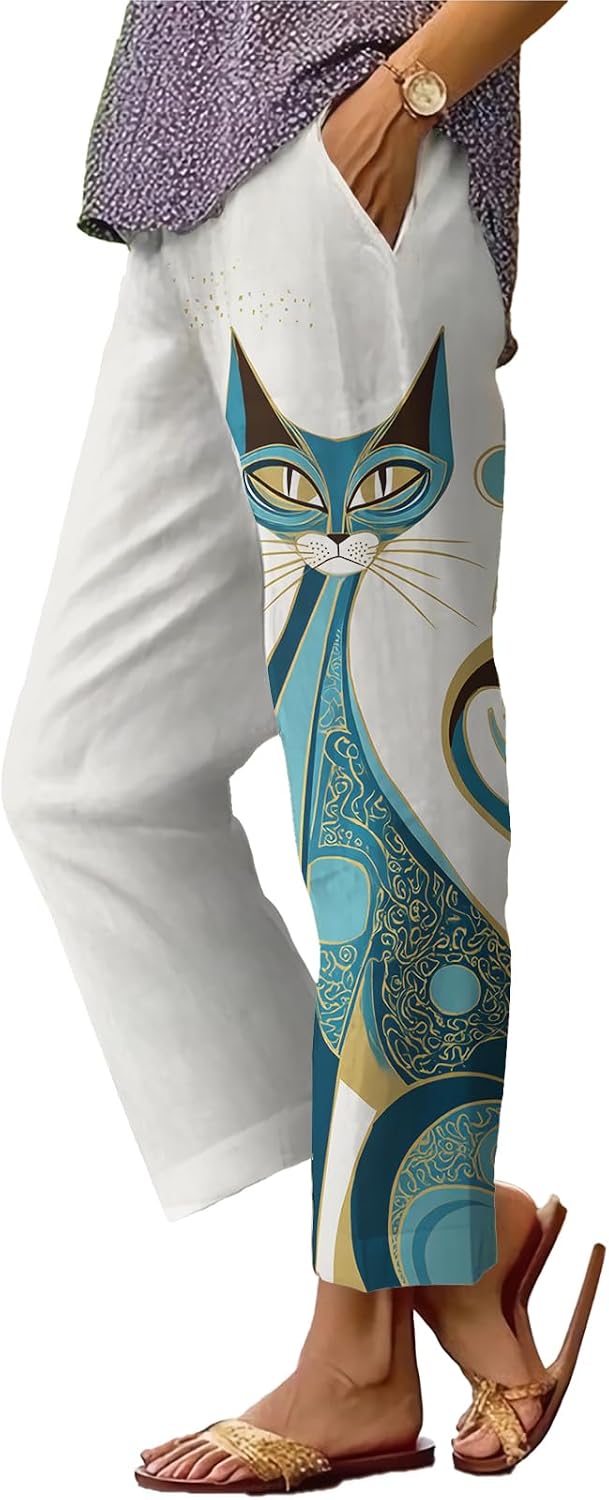 Womens Plus Size Floral Boho Capris - Elastic Waist Beach Trousers | Casual Summer Pants
