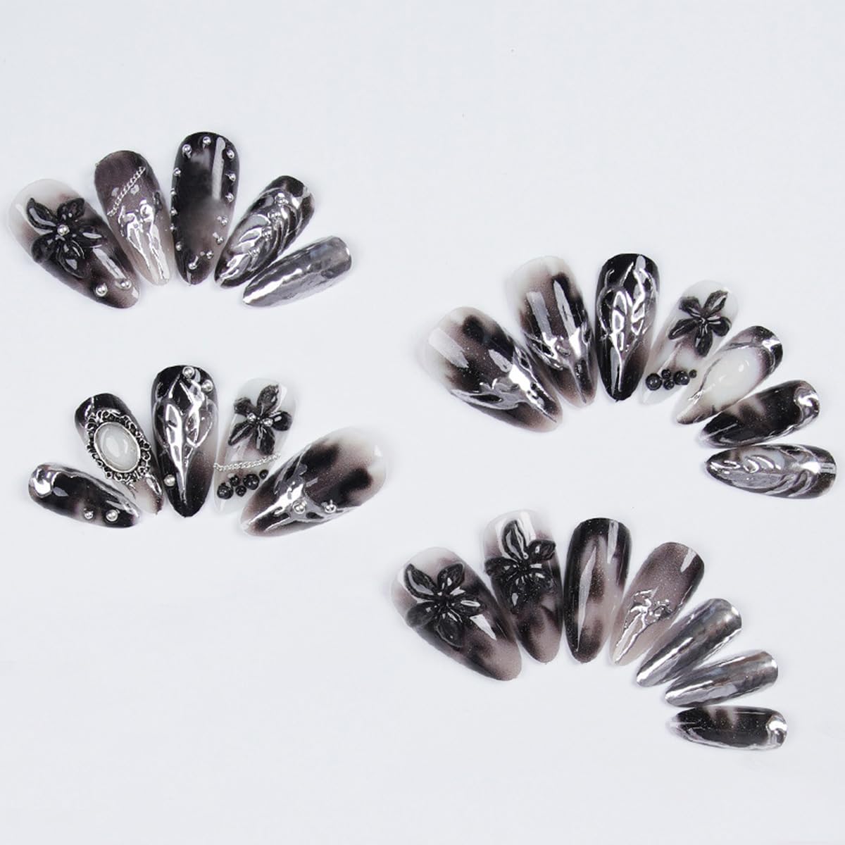 Goth Press-On Nails | 24 Pcs Medium Almond Silver Chrome Baroque Design | Reusable Black Full Cover