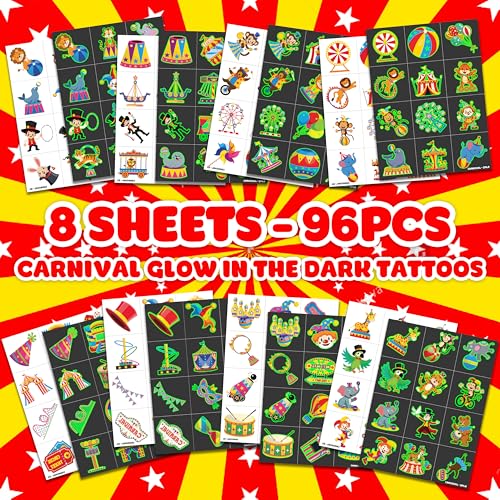91TATTOOS 96 PCS Glow in the Dark Temporary Tattoos - Carnival Circus Clown, Luminous