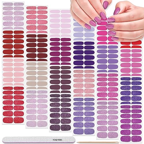DANNEASY Glitter & Solid Color Nail Wraps - 24 Sheets Self-Adhesive Nail Art Stickers for Manicure, Includes File & Cuticle Stick (Variation 01)