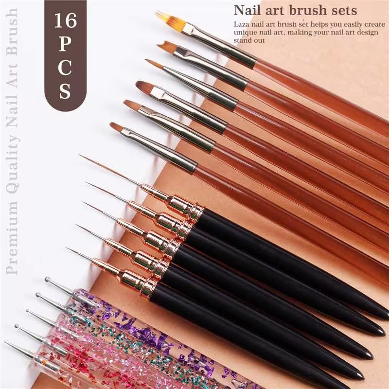 Laza Brown 16pcs Nail Art Brushes Set - Dotting, Lining & Detail Tools