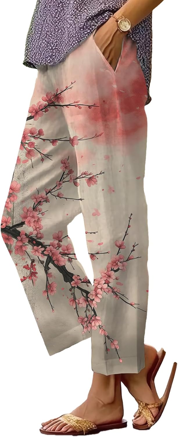Women's Boho Floral Wide Leg Capris - Elastic Waist, Loose Fit Beach Pants | Casual Summer Trousers
