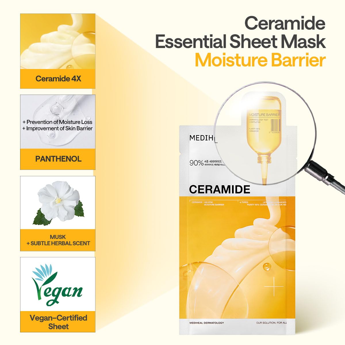 Mediheal Essential Face Mask - 90% Ceramide & Panthenol for Intense Hydration | 10-Piece Vegan Korean Sheet Mask