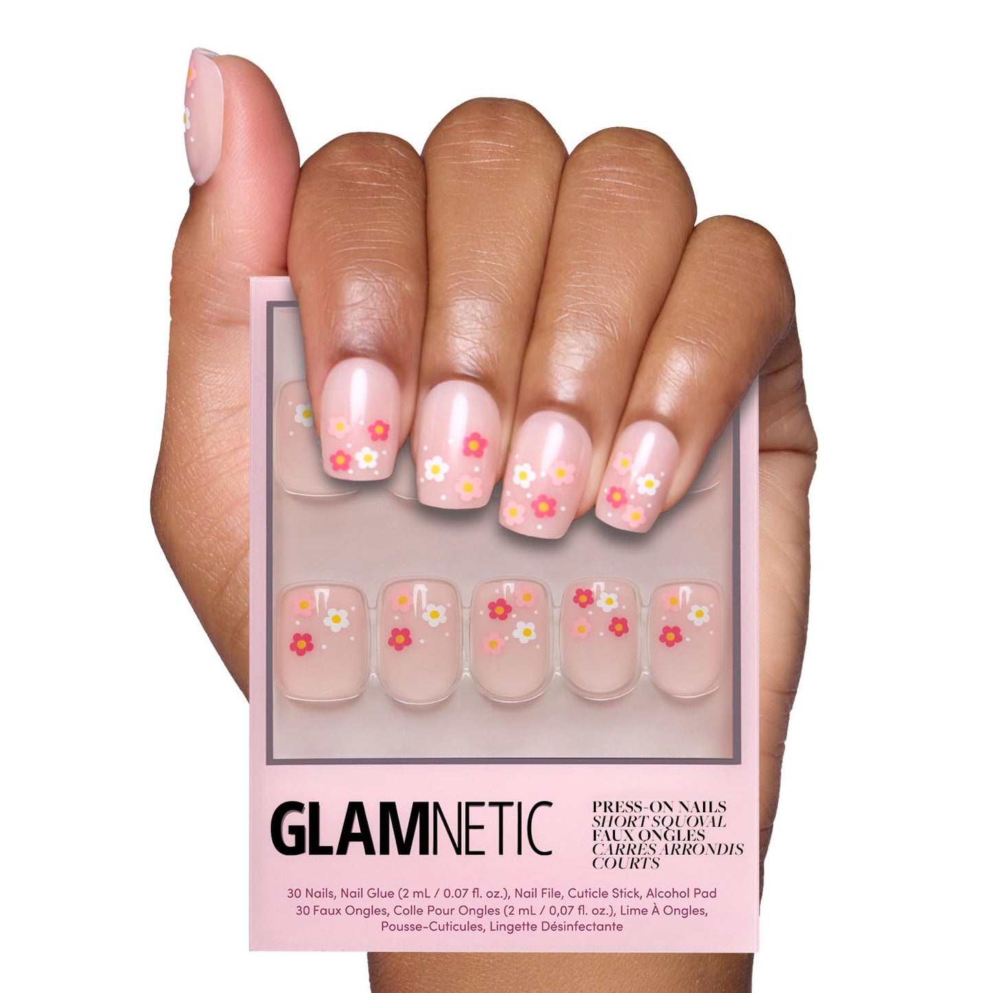 Glamnetic Press-On Nails - Pink Me Up Spring Almond Nails | Pastel Pink French Tips with 3D Pearls - 30 Nail Kit, 15 Sizes