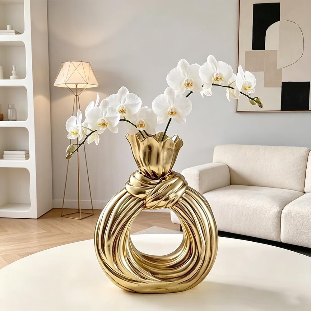 Gold Resin Hollow Ring Vase - Knot-Shaped Bud Vase for Flowers | Tabletop Wedding Centerpiece Home Décor