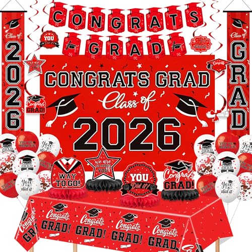 Class of 2026 Graduation Party Decorations Set - Red & Black Theme