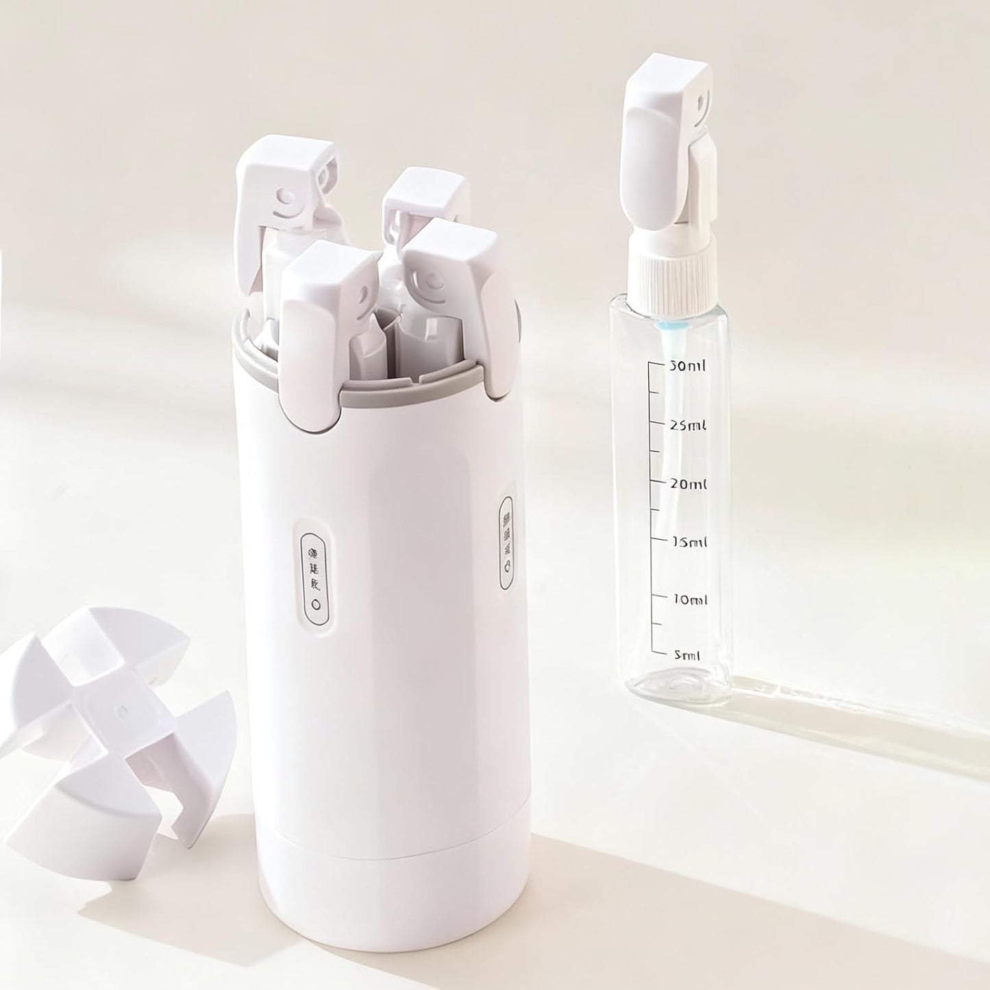 Travel Dispenser Bottle - 4 in 1 Refillable Leak-Proof Toiletry Bottles | Light Green & White, 16.5cm x 5.5cm