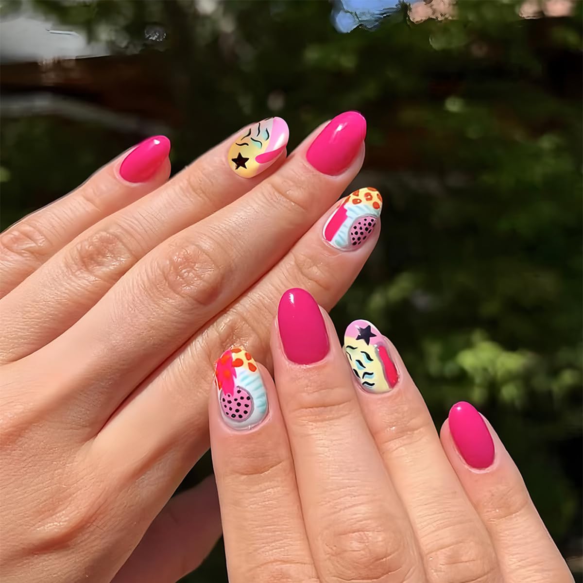 Almond Press-On Nails - Leaf Design Green Full Cover Glossy Fake Nails | 24PCS for Women