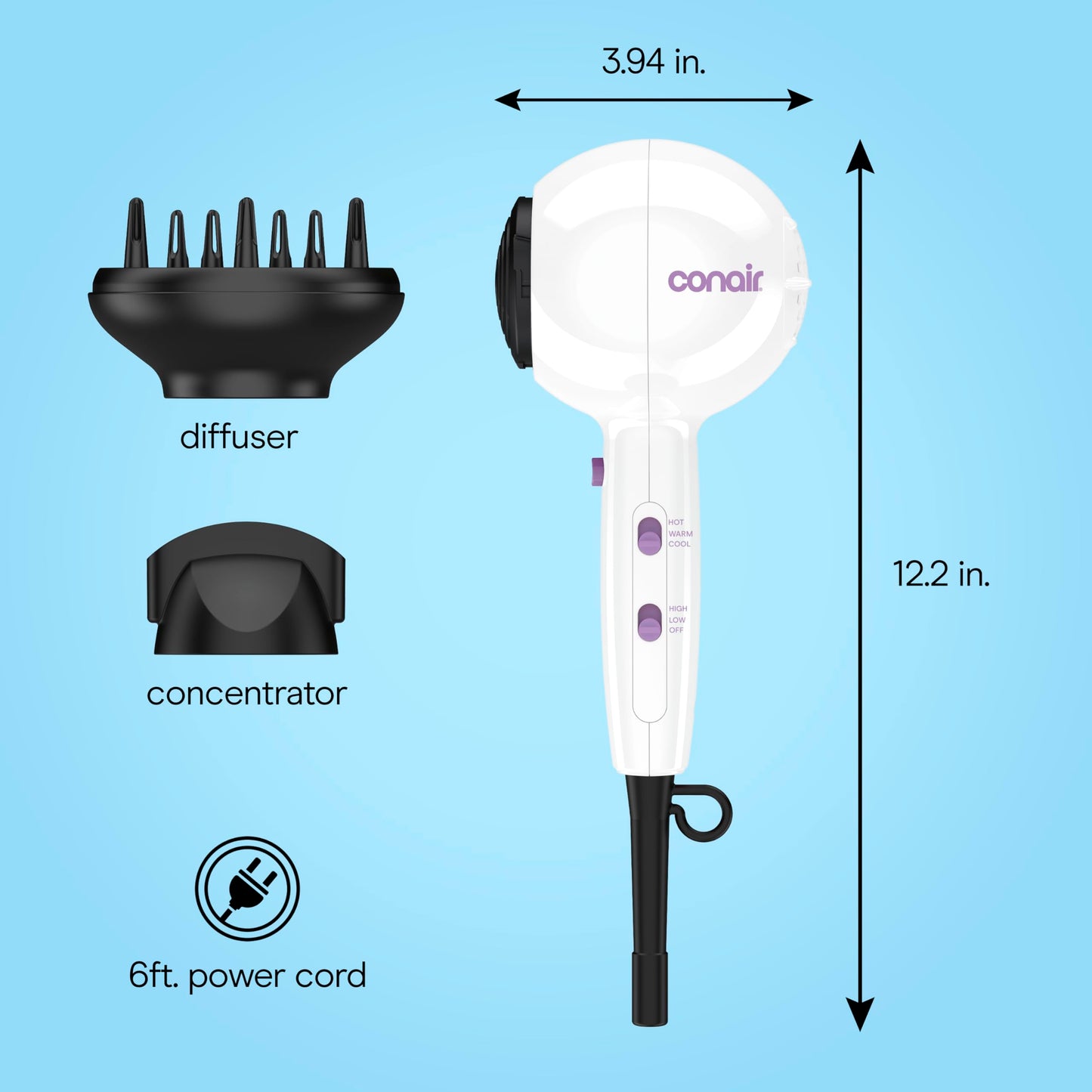 Conair Cake Pop Hair Dryer with Diffuser & Concentrator Attachments, Blow Dryer, Hair Dryers for Women, Tourmaline Ceramic Technology, 3 Heat/2 Speed Settings, Compact Hair Dryer w/Concentrator, White