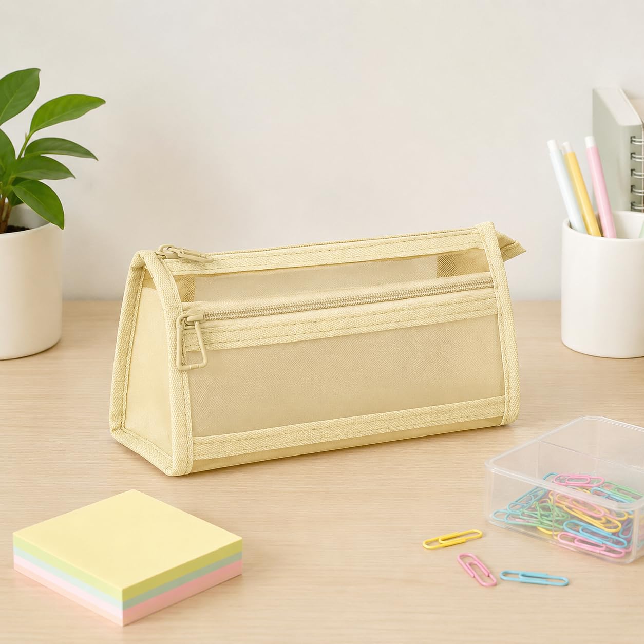 Clear Mesh Organizer Caddy with Double Zipper, Large Capacity Transparent Storage Pouch with Compartments, Versatile Makeup Bag Accessory Organizer for Office Adults, 8.6x2x3.9 in(Yellow)