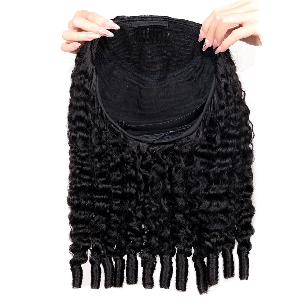 PERISMODA Burmese Curly Half Wig Glueless Wigs Human Hair with Spiral Curly End 200% Density 3 IN 1 Kinky Curly Human Hair Half Wig With Drawstring Seamless Clip Ins Flip Over Natural Color