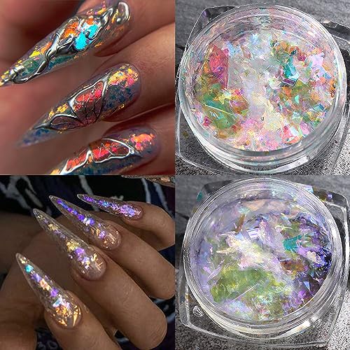 Opal Flakes Set-1 - Iridescent Chrome Nail Powder & Holographic Glitter for Nail Art, 6 Boxes