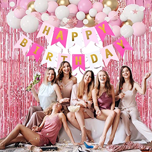 Pink Gold Birthday Decorations Set for Women & Girls - Banner, Balloons, Curtains & More