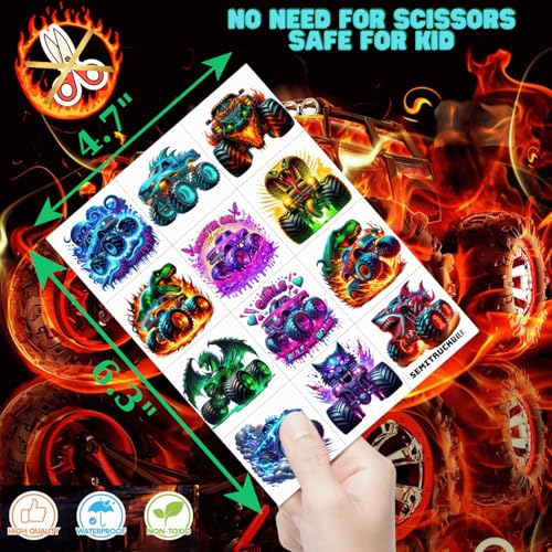 Glow-in-the-Dark Monster Truck Tattoos Set – Waterproof Body Art Stickers for Parties & Events