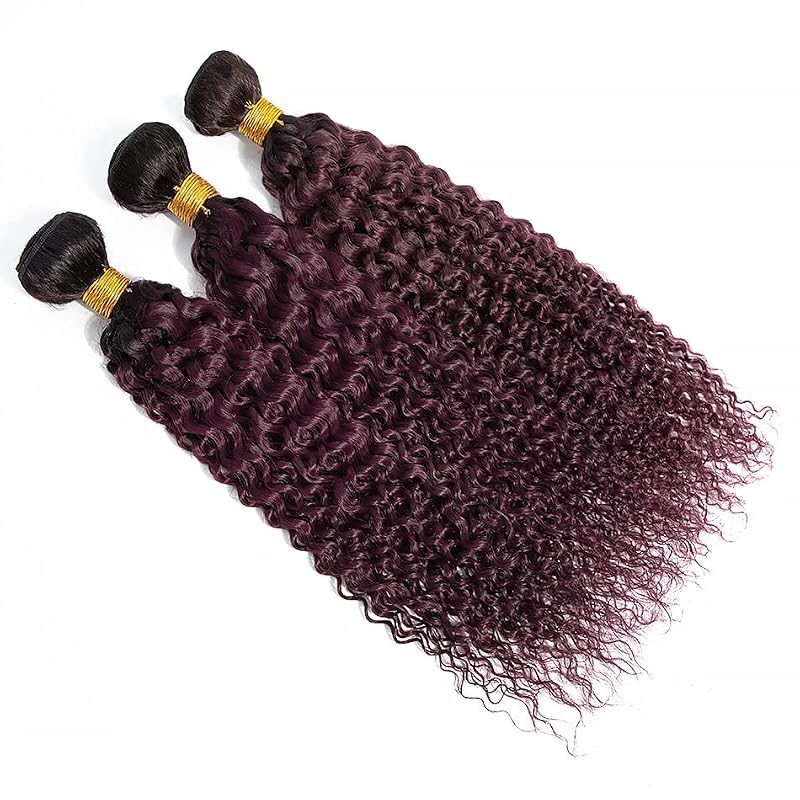 YOUNGHANN 1B/99J Kinky Curly Human Hair Bundles - 10, 12, 14 Inch Two Tone Black to Burgundy