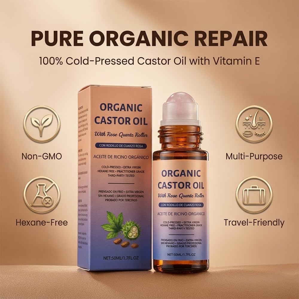 Organic Castor Oil Roll-On with Rose Quartz Roller - 100% Cold Pressed Moisturizer for Face & Body, 1 Pc