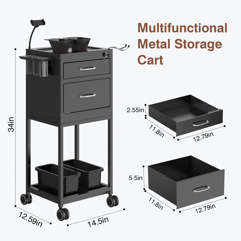 Lockable Metal Salon Cart - Sturdy Rolling Storage Trolley with Wheels | High-End Tool Organizer for Hair Stylist & Barber