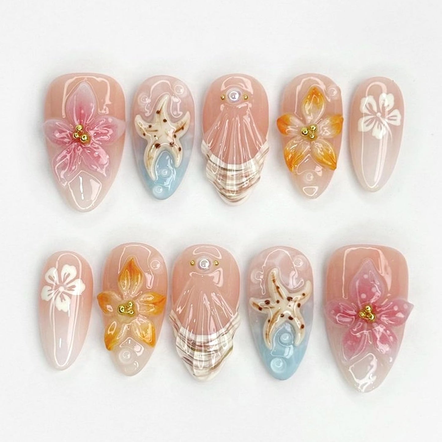 Summer Beach Press-On Nails Set - 24Pcs Medium Almond Floral Design with 3D Starfish & Seashell | Full Cover Ocean Manicure for Women
