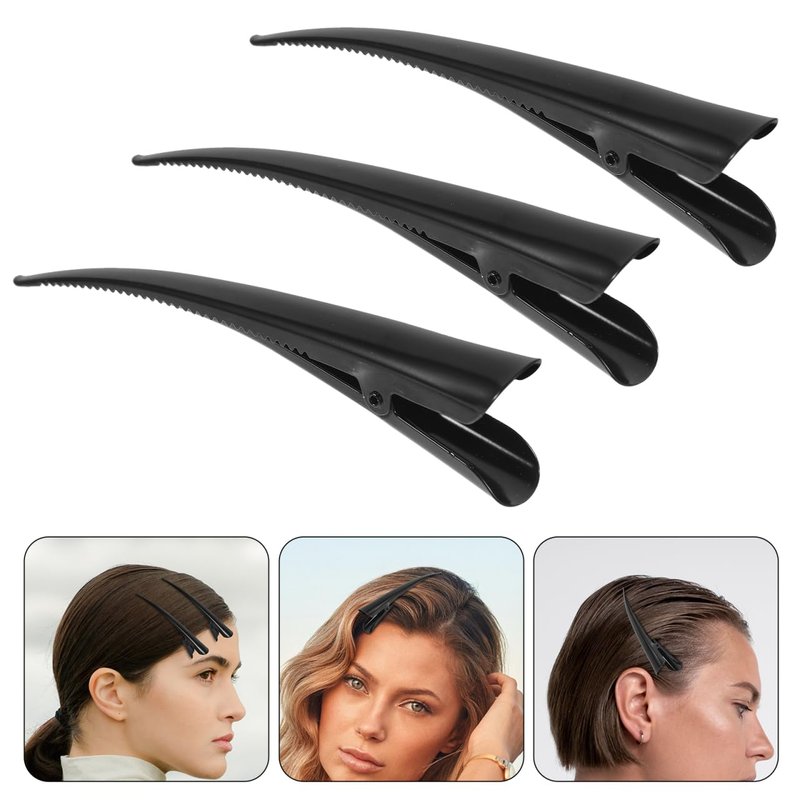 KALLORY Duckbill Hair Clips 3-Pack Metal Hair Clamps for Women and Girls 4.92 Inch Black Accessories for Secure Styling and Comfortable Curling