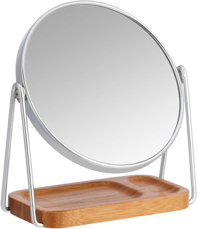 Round Tabletop Vanity Mirror - 360° Rotation, Double-Sided 1x/5x Magnification | Chrome Finish with Bamboo Tray, 7.2”L x 3.35”W