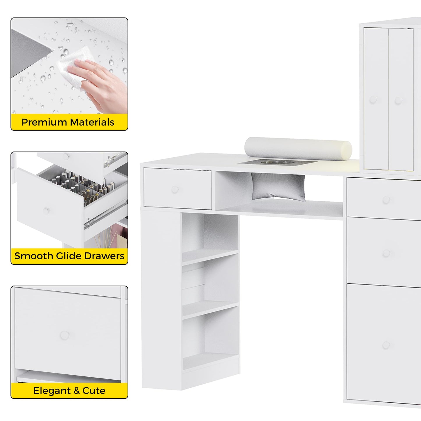 Kikihouse Double Manicure Table 76.5" Wide, 2 Person Nail Desk w/LED Light & Dust Collector, Professional Salon Workstation w/Storage Drawers, Hand Rest, for Nail Techs Beauty Salon