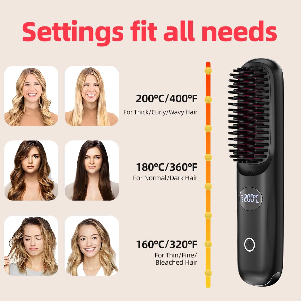 Cordless Hair Straightener Brush for Travel Portable Hair Straightener Comb with Negative Ion Mini hot Brush for Women, on-The-go Rechargeable with LED Display Anti-Scald Protection
