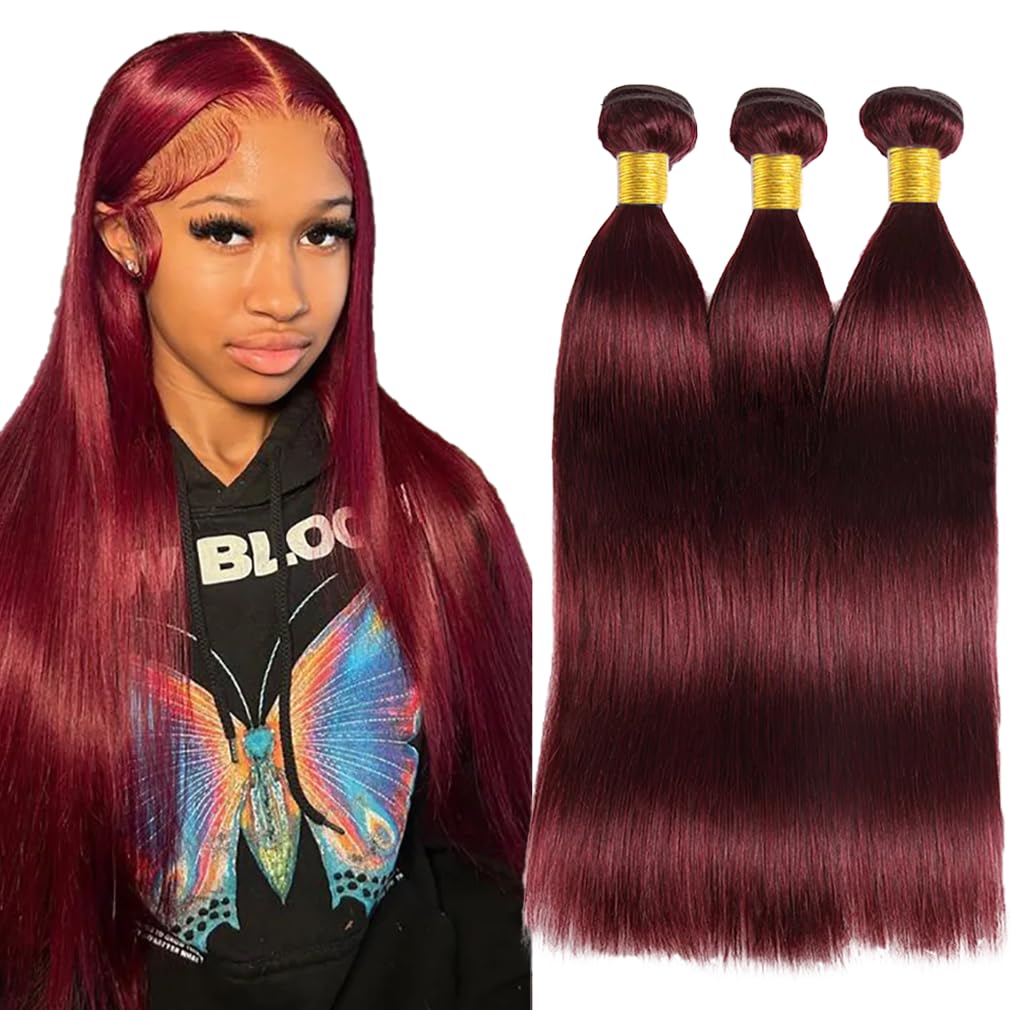 #99J Burgundy Human Hair Bundles Straight Bundles 24 26 28 Inch Wine Red Bundle Unprocessed Brazilian Virgin Hair 3 Bundle 50 Gram Per Bundle Deals Quick Weave Hair Extensions