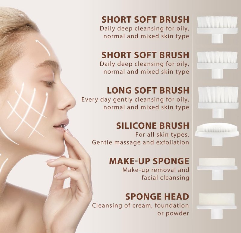 Face Scrubber | Facial Cleansing Brush Exfoliator Skin Care Beauty Products Powered Electric Wash Exfoliating Skincare Women Spin Cleanser Tools Cleaning Scrub Washer Self Care (Extra Heads 6)