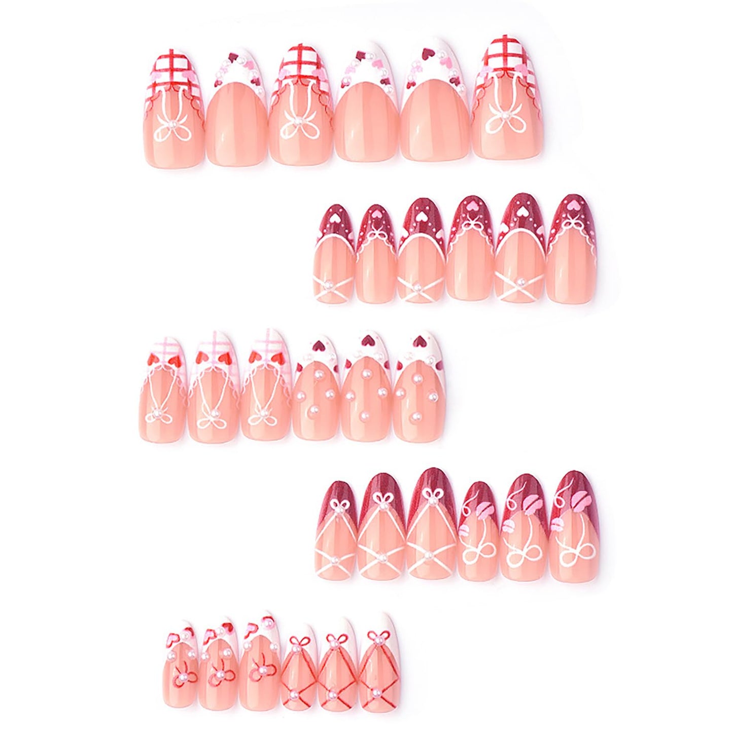 Valentine's Press-On Nails - 30Pcs Medium Almond Hearts & French Tips | Cute Pearl Bow Design