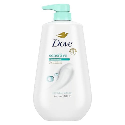 Dove Body Wash with Pump Sensitive Skin For 24hr Lotion-Soft Skin Moisturizing Skin Cleanser Gentle Hypoallergenic Formula with No Sulfates No Parabens 30.6 oz