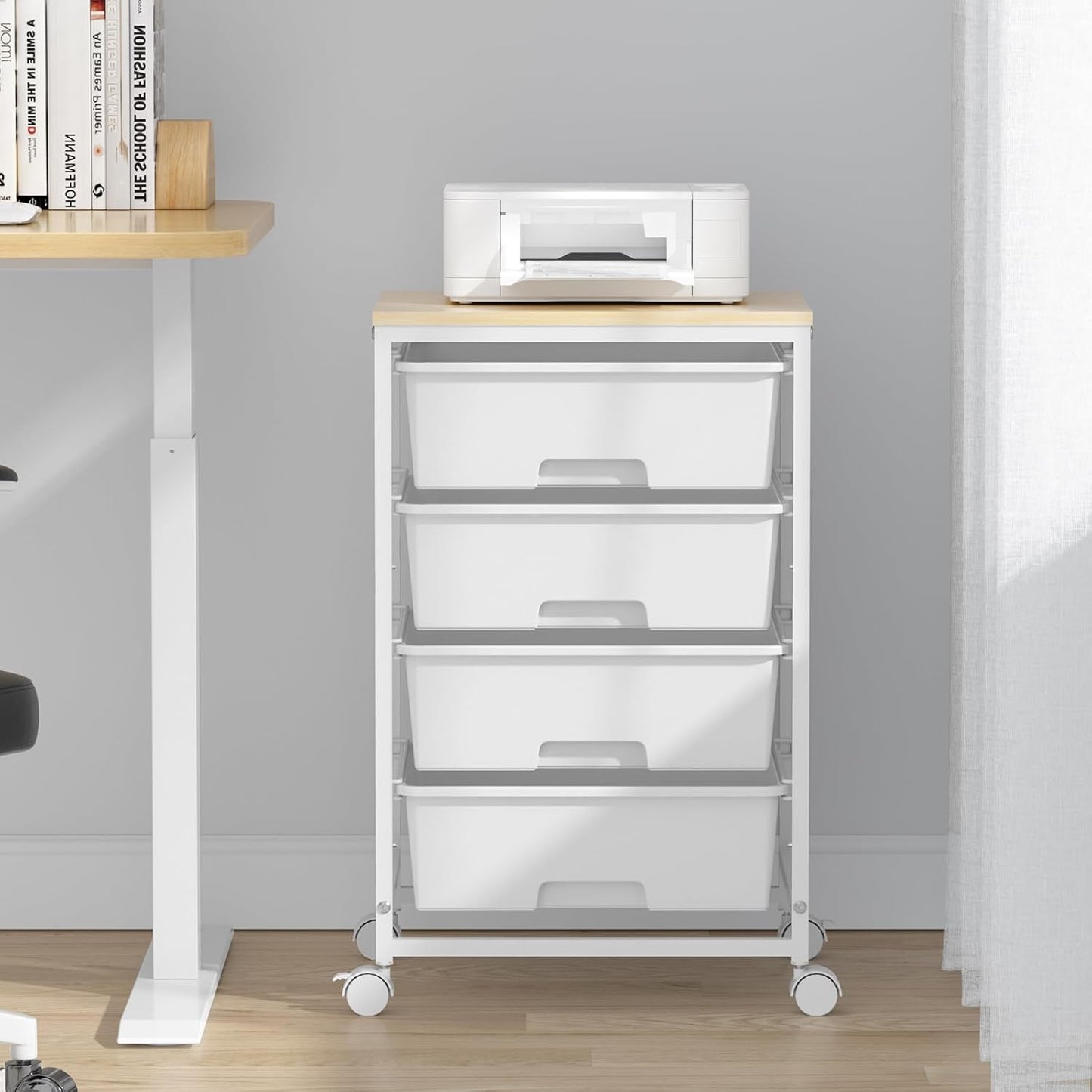 Utility Cart - 4-Tier Rolling Storage Organizer with 4 Drawers & Lockable Wheels | Bright White for Home & Office