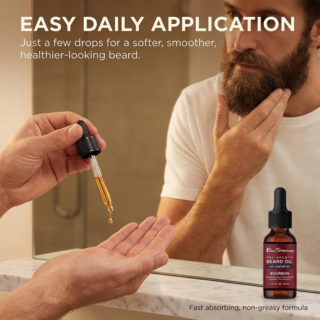 Ben Sherman Beard Oil for Men 3 Pack – Castor Oil Beard Care Set for Growth – Bourbon, Vanilla & Black Pepper – Mens Beard & Mustache Conditioning Treatment