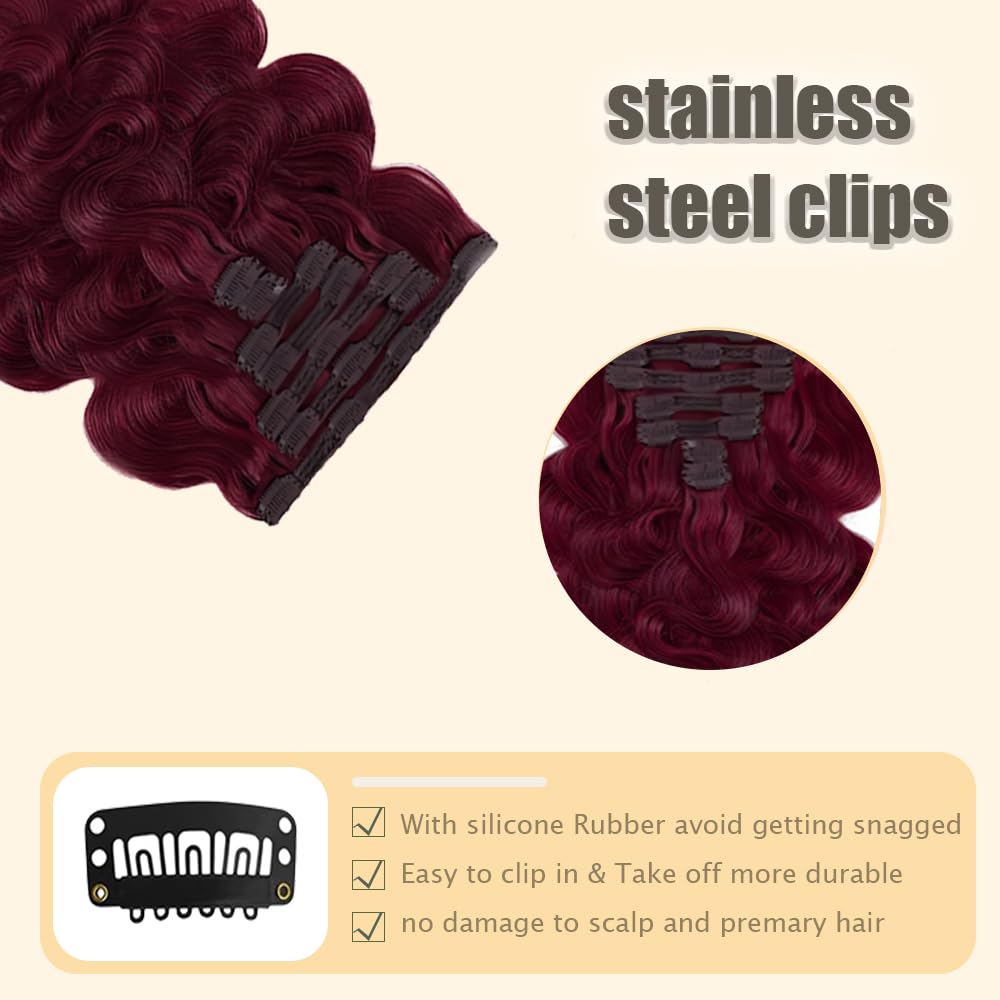 #99J Burgundy Clip in Hair Extensions Real Human Hair,20 Inch 120g/7Pcs,Full Shine Remy Human Hair,Wine Red Body Wave Clip ins Brazilian Virgin Human Hair Extensions