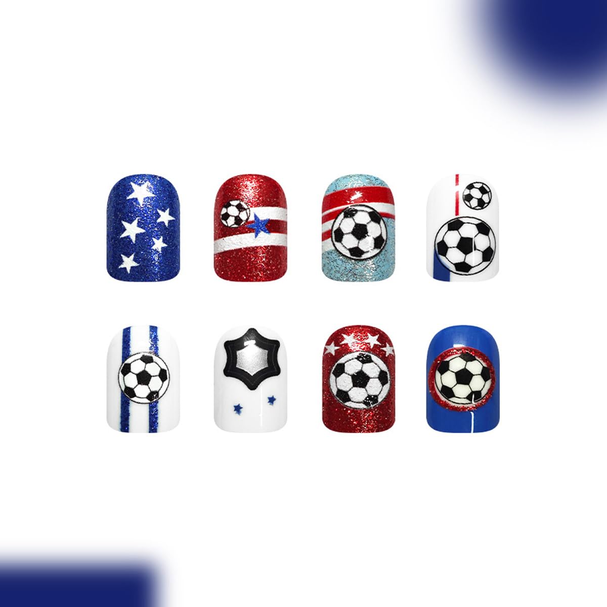 Soccer Press On Nails - Short Square Fake Nails Press ons with Glitter Star & Striped Design Reusable Glue On Nail Full Cover Stick on Nails, World Cup Sports Game Nail Art for Women Manicure 24Pcs