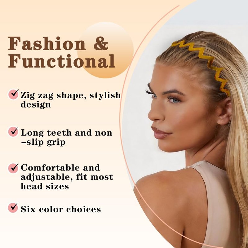 Zig Zag Headbands for Women - Non-Slip Plastic Hair Bands | 6-Pack Retro Style Hair Accessories