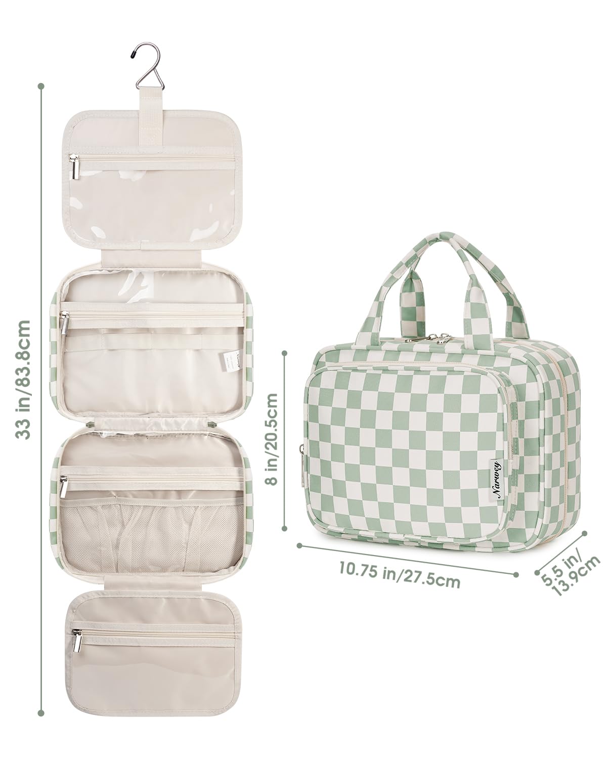 Narwey Hanging Toiletry Bag for Women Travel Checkered Makeup Bag Organizer Toiletries Bag for Travel Size Essentials, Accessories, Brushes, Cosmetics (Green Checkerboard (Medium))