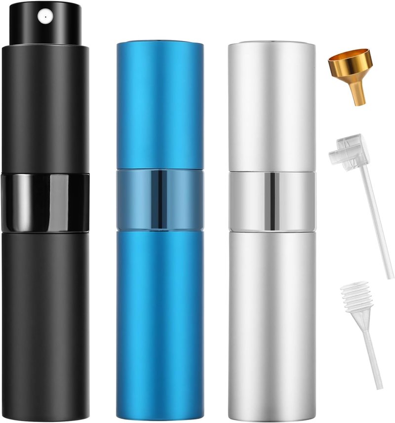 Refillable Perfume Atomizer 3 Pack - Portable Leak-Proof Travel Spray Bottles for Men & Women | Aluminum (Black, Silver, Blue)