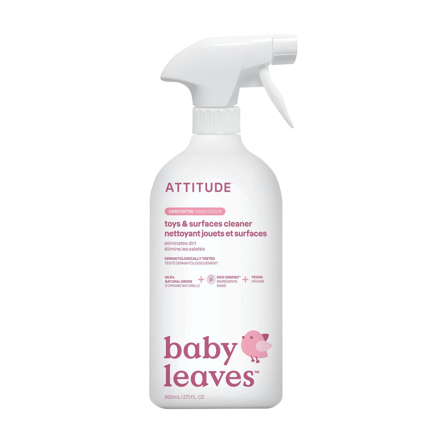 ATTITUDE Baby & Kids Toy Cleaner Spray, EWG Verified, Multi-Surface Cleaner for Toys, High Chairs & Play Areas, Naturally Derived, Vegan, Unscented, 27.1 Fl Oz