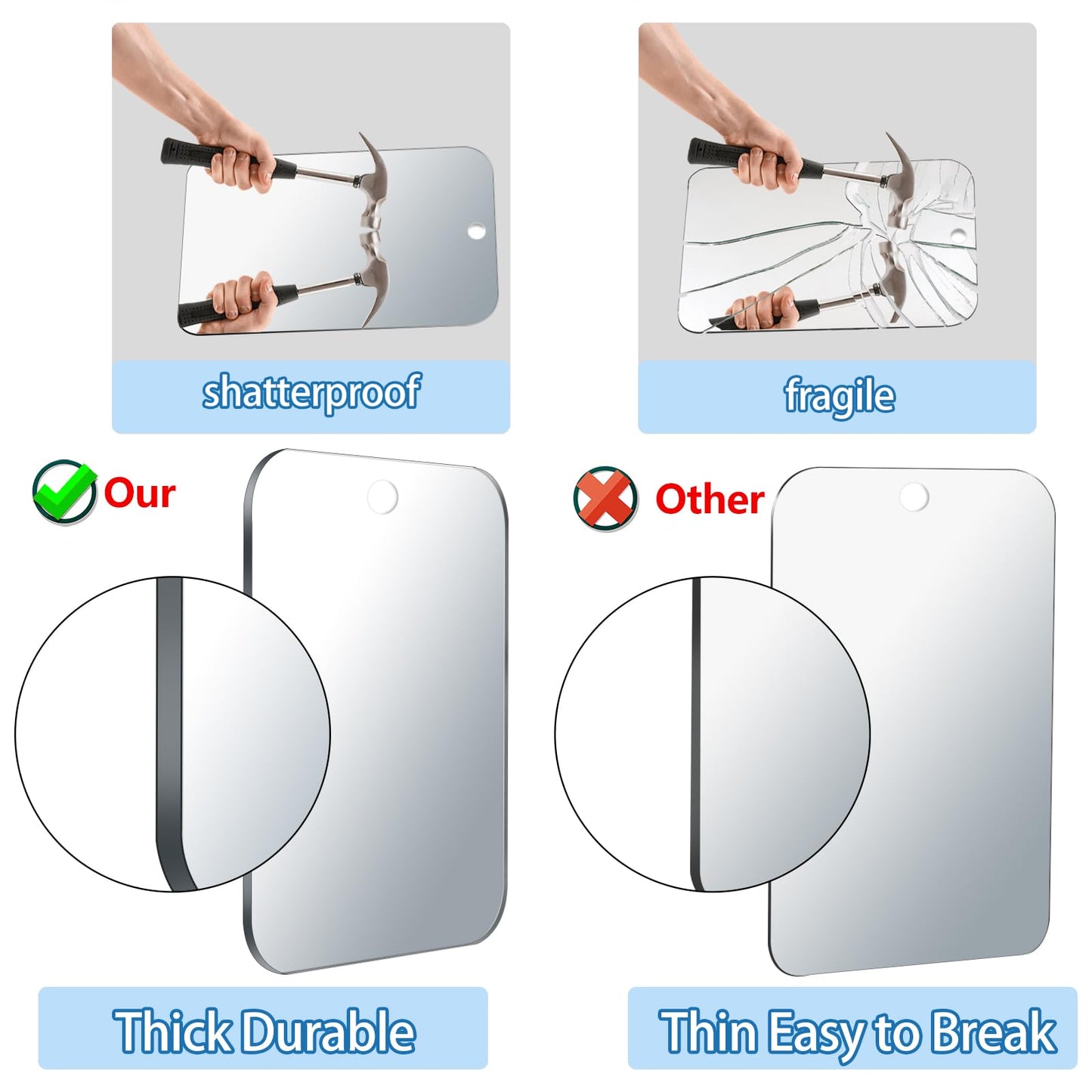 Shower Mirror Fogless for Shaving, (Larger 10 x 8 Inch) Shatterproof Anti Fog Shaving Mirrors Holder NO-Drilling, No Fog Free Waterproof, Small Wall Mounted Bathroom Accessories Hanging Camping Men