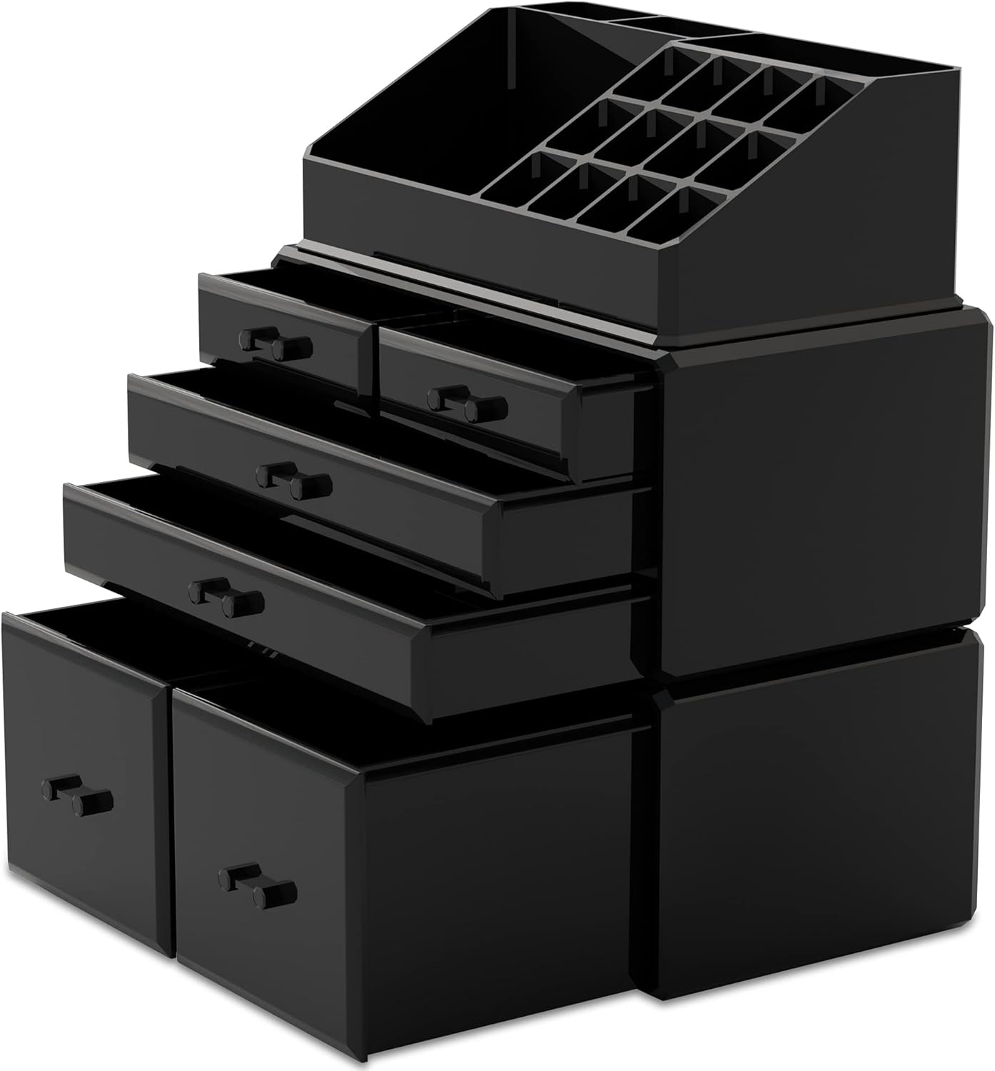 Makeup Organizer - 3-Piece Cosmetic Storage Case with 6 Drawers | Stylish Black Design