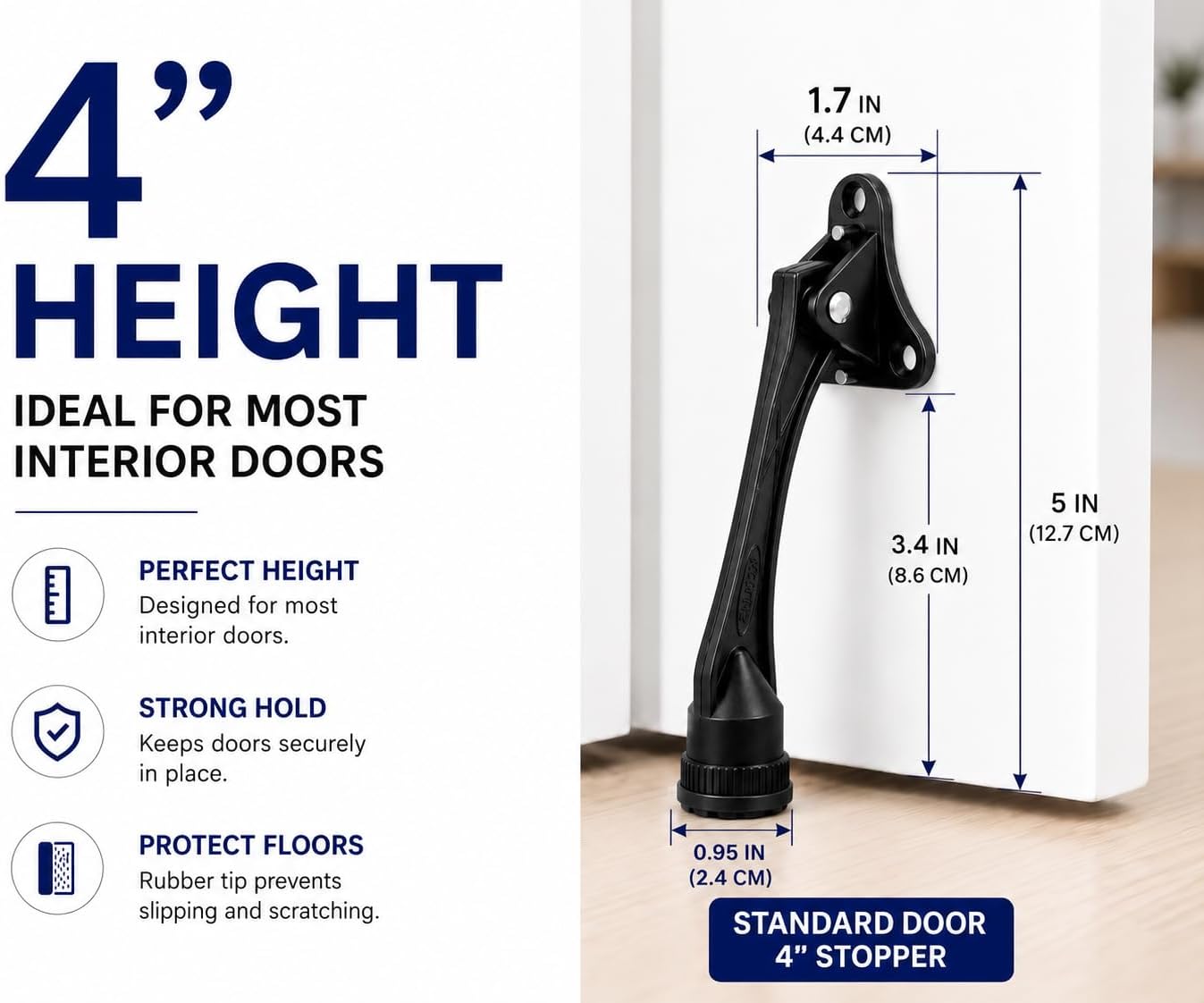 4-Inch Kick Down Door Stopper - Zinc Alloy with Non-Slip Rubber Foot | Screw Mount for Wood, Tile, Carpet & Concrete Floors