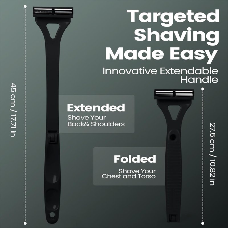 ETbyto Back Shavers for Men with Foldable Long Ergonomic Handle: DIY Hair Shaver, Replaceable Safety Blade & Portable Razor Groomer for Men, Wet & Dry Shaving - Black (8PCS Blades Included)