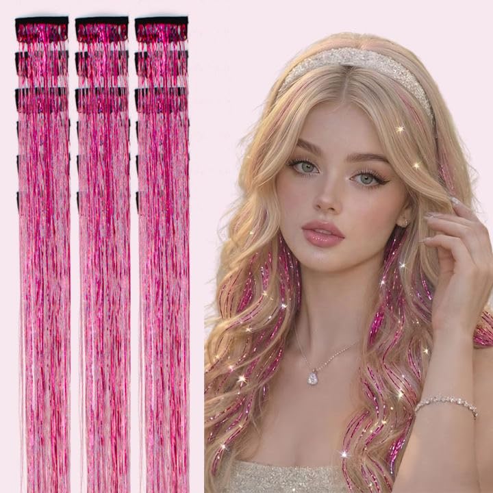 Colorful Hair Tinsel Clips - 18 Pcs 24 Inch Heat Resistant Fairy Hair Extensions | Hot Pink Glitter for Girls & Women
